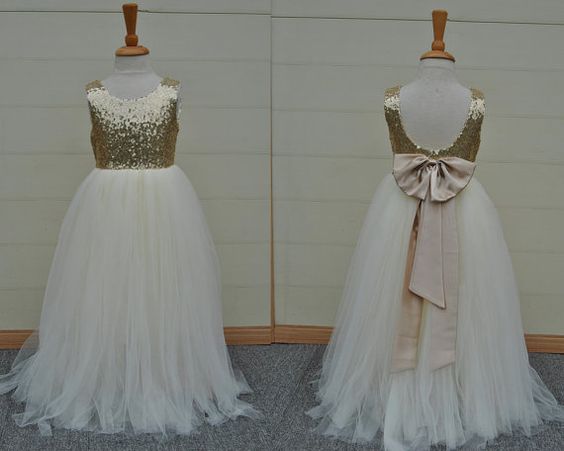 Gold Sequins Tutu Pretty Flower Girl Dresses 2016 Hand Made Tulle Junior Bridesmaid Wedding Party Dress High Quality